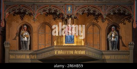 Lund Cathedral Astronomische Uhr mit St. Mary und zwei Heralds, Lund, 22. Mai 2023 Stockfoto