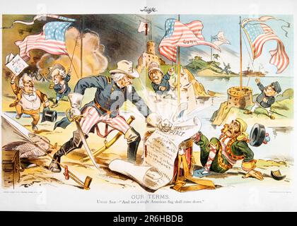 1890S 1898 CENTERFOLD AUS DEM RICHTER MAGAZIN EIN WÜTENDER ONKEL SAM VERLANGT FRIEDENSBEDINGUNGEN SPANISCH-AMERIKANISCHER KRIEGSPOLITISCHER CARTOON - KH13543 NAW001 HARS FÜHRUNG MÄCHTIGER STOLZ CHANCE AUTORITÄT POLITISCHE KONZEPTE STARS UND STREIFEN ALTEN RUHM PANORAMA MITTE KUBA RICHTER MAGAZIN KI ROT-WEISS-BLAUE LÖSUNGSBEGRIFFE KARIKATURIST ALTMODISCHER PUERTO RICO SABER ONKEL SAM Stockfoto