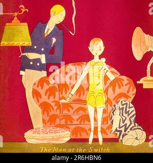 1920S MAGAZIN COVER PAAR HÖRT RADIO ODER VICTROLA FRAU AUF DEM SOFA MANN, DER KURZ DAVOR IST, DEN LICHTSCHALTER FÜR ROMANTIK ZU BETÄTIGEN STIMMUNG - KH13564 NAW001 HARS ALBERNE COUCH KOMMUNIKATION JUNGER ERWACHSENER COMIC-SCHALTER ZIEHEN LIFESTYLE-COVER SOUND FRAUEN HOME LIFE COPY WELTRAUMFREUNDSCHAFT FRAUEN IN VOLLER LÄNGE INSPIRATION MÄNNLICHE UNTERHALTUNG MIT ZIGARETTEN HUMORVOLLE RADIOS, DIE TABAK AUSSTRAHLEN AUDIO COMICAL ATTRACTION SCHLECHTE GEWOHNHEITSSTIMMUNG RAUCHER NIKOTINVERBINDUNG WERBETEXTE LIFE MAGAZINE KONZEPT ILLUSTRATOR SÜCHTIG KOMÖDIE STILVOLL ODER MÖGLICH VERFÜHRUNG VICTROLA SOZIALE AKTIVITÄT ZUSAMMENGEHÖRIGKEIT JUNGER ERWACHSENER MANN Stockfoto