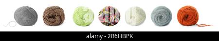 Collage mit bunten Garnen auf weißem Hintergrund Stockfoto