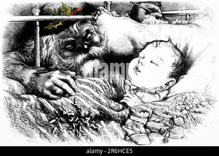 1800S 1881 WEIHNACHTSMANN SCHAUT AUF SCHLAFENDES BABY GRÜN HOLLY IN SEINER CAP-ILLUSTRATION THOMAS NAST ZEICHNET EINEN WEITEREN STRUMPF ZU FÜLLEN - KX13217 NAW001 HARS HOME LIFE COPY SPACE PERSONS CARMING MALE SAINT 1800S KOPF UND SCHULTERN SEINE FRÖHLICHE TRÄUMENDE AUFREGUNG SANTA CLAUS HOLLY DEZEMBER FÜLLEN DEZEMBER 25 KRIS KRINGLE ST. NICK BABY JUNGE ALTER MANN EIN VATER WEIHNACHTEN WACHSTUM JOLLY JOYOUS JUVENILES NICHOLAS 1881 KAUKASISCHE ETHNISCHE ZUGEHÖRIGKEIT NASTMODISCH Stockfoto