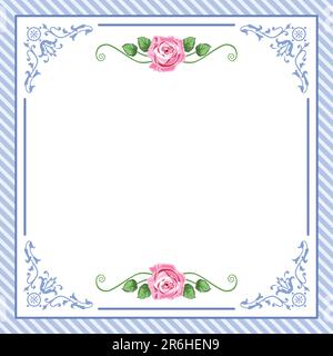 Blauer Vintage-Rahmen mit Rosen und Ornamenten, Datei mit Vektorgrafik EPS V8 und 300 dpi JPG Stock Vektor