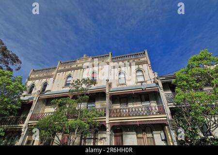 695. Reihe mit drei viktorianischen filigranen Terrassenhäusern vertikal versetzt an der Ormond Street, Paddington. Sydney-Australien. Stockfoto