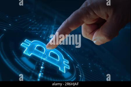 Bitcoin Blockchain Kryptowährung und digitales Geldsymbol Digitalkonzept. Netzwerk, Cyber-Technologie-Zeichen und Computerhintergrund abstraktes Symbol 3D i. Stockfoto