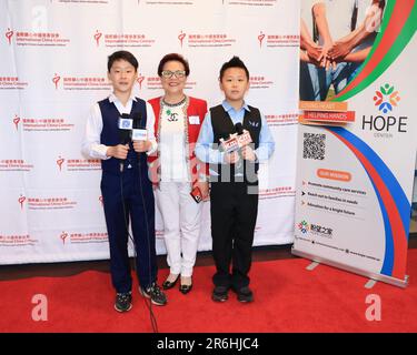 Yorba Linda, Kalifornien, USA. 5. Juni 2023. Nicholas Liu, Aris Ai und Lawrence Liu, die an der Pressekonferenz „International China Concern (ICC) and American Friends of ICC „Stand for Children“ zum 30. Jahrestag der Richard Nixon Presidential Library and Museum in Yorba Linda, Kalifornien teilnehmen. Kredit: Sheri Determan Stockfoto