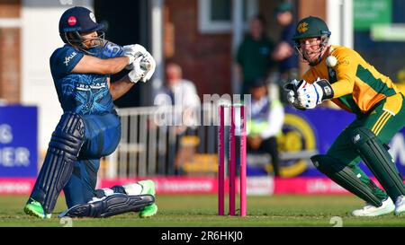 Incora Derbyshire Cricket Ground, Derby, Großbritannien. 09. Juni 2023 um 18,30hrs Uhr. Vitality Blast T20 Cricket. Derbyshire Falcons gegen Notts Outlaws Haider Ali (Derbyshire Falcons) Schlagmann. Bild: Mark Dunn/Alamy Live News Stockfoto