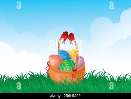 ostern bemalte Eier in einem Korb auf dem Feld Stock Vektor