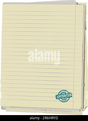 Vektordarstellung des Stapels mit alten linierten Papieren aus Notizbuch und Gummistempel. Beschneidungspfad zum einfachen Entfernen von Objektschatten oder Ersetzen von Ba... Stock Vektor