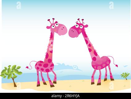 Giraffenmännchen und -Weibchen haben sich verliebt. Vektordarstellung. Hintergrund und Tiere in getrennten Schichten. Stock Vektor