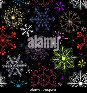 Schwarzes Weihnachtsmuster mit bunten Schneeflocken und Sternen (Vektor) Stock Vektor