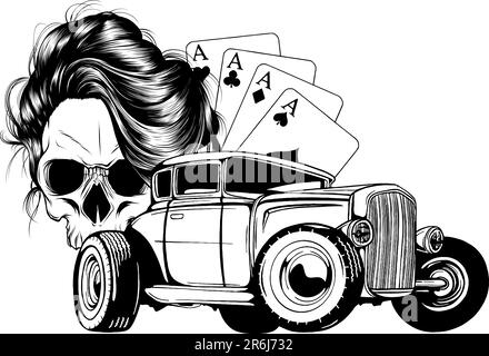 Vektordarstellung eines Schwarzweiß-Totenkopfes mit Hot Rod- und Poker-Assen auf weißem Hintergrund Stock Vektor