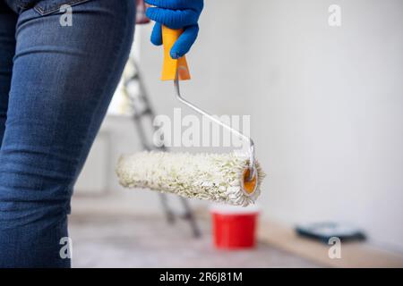 Nahaufnahme von Frauen, die Malerwalze halten, bereit, Wände des Raumes zu streichen Stockfoto