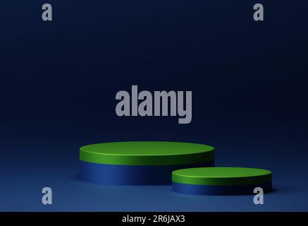 3D-Rendering elegante grüne Oberfläche doppelt abgerundetes Podium für die Produktanzeige auf leerem dunkelblauem Hintergrund. 3D-Modelldarstellung Stockfoto
