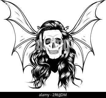 Schwarzweiß-Schädel mit Fledermausflügeln. Halloween-Trick oder -Leckereien Vektorzeichnung mit der Hand Stock Vektor