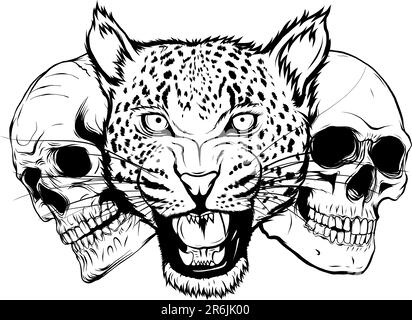 Einfarbiges Leopardengesicht mit zwei menschlichen Schädeln. Vektordarstellung auf weißem Hintergrund Stock Vektor