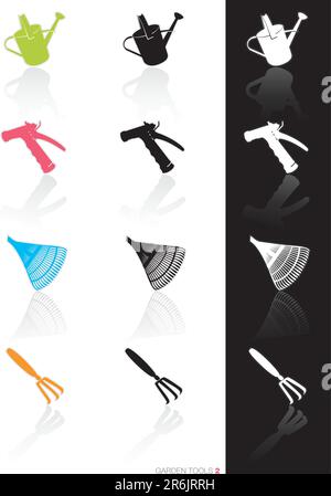 Farbenfrohe Symbole für Gartenwerkzeuge in 3 Stilen; einfaches Bearbeiten von Vektorgrafiken Stock Vektor