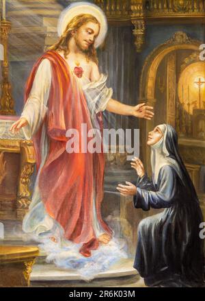 GENUA, ITALIEN - 7. MÄRZ 2023: Das Gemälde des Herzens Jesus zum Heiligen Theresa von Avila in der Kirche Chiesa del Sacro Cuore e San Giacomo Stockfoto