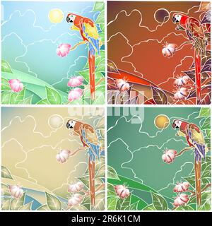 Vier Farbvarianten des eine bearbeitbare Vektor-Illustration eine Ara-Papagei im Batik-Stil mit Farbverlauf Maschen hergestellt Stock Vektor