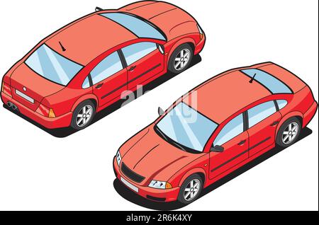 Isometrische Darstellung eines roten Autos. (Vorder- und Rückansicht) Stock Vektor