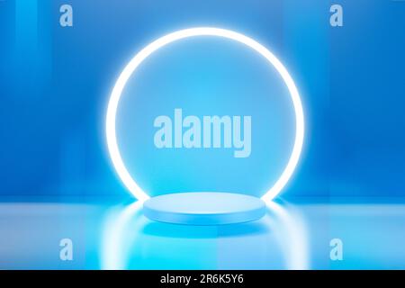 Abstrakter Hintergrund in futuristischem Stil und geometrischer blauer Podiumplattform für die Produktpräsentation. 3D-Darstellung rendern. Stockfoto