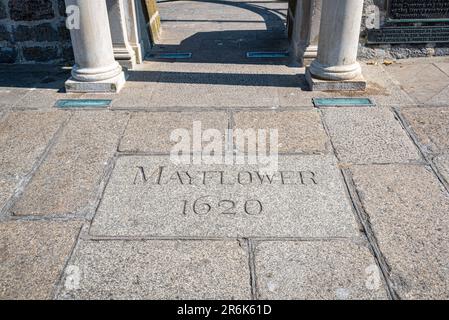 Historische mayflower-Stufen im Barbican in Plymouth, Devon. Stockfoto