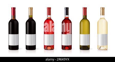 Set aus Flaschen mit Weiß-, Rosen- und Rotwein. Isoliert auf weißem Hintergrund Stockfoto