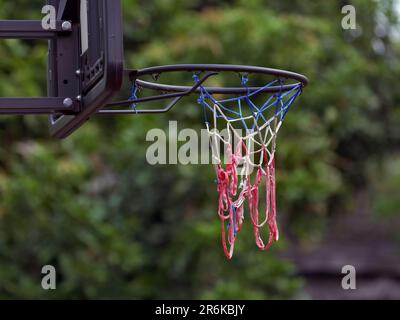 Nahaufnahme des Basketballnetzes mit unscharfen Blättern im Hintergrund Stockfoto