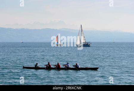 Am Bodensee, Segelboot in Bewegung, vier-Mann-Ruderboot mit Coxswain, Blick auf die Alpen Stockfoto