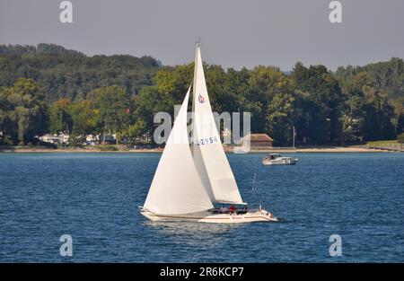 Auf dem Bodensee, Segelboot in Bewegung Stockfoto