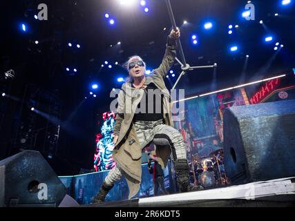 SOLVESBORG 20230609 Englische Heavy Metal Band Iron Maiden mit Sänger Bruce Dickinson tritt auf dem Sweden Rock Festival 2023 auf. Foto: Fredrik Sandberg / Stockfoto