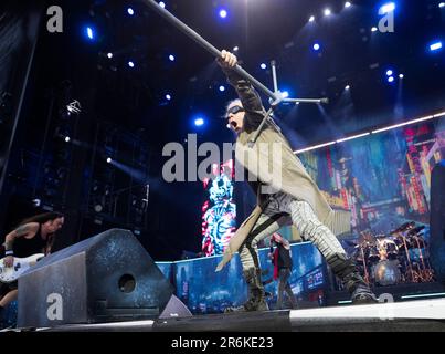 SOLVESBORG 20230609 Englische Heavy Metal Band Iron Maiden mit Sänger Bruce Dickinson tritt auf dem Sweden Rock Festival 2023 auf. Foto: Fredrik Sandberg / Stockfoto