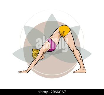 Illustration – Yoga-Haltung – Nach Unten Gerichteter Hund – Adho Mukha Svanasana. Junge blonde Frau, die Yoga auf einem minimalistischen Lotusblütenhintergrund praktiziert. Vektor Stockfoto