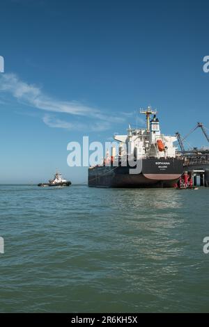 Führung des Massengutschiffs: Schlepper unterstützt Sophiana Majuro im Hafen Laayoune, Marokko Stockfoto