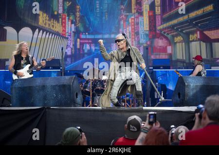 SOLVESBORG 20230609 Englische Heavy Metal Band Iron Maiden mit Sänger Bruce Dickinson tritt auf dem Sweden Rock Festival 2023 auf. Foto: Fredrik Sandberg / Stockfoto