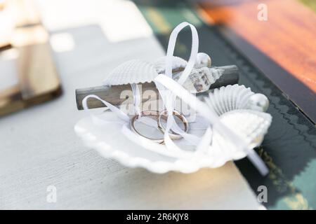 Ein Paar goldene Eheringe, an Muscheln gebunden, mit einer zarten weißen Schleife. Stockfoto