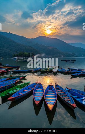 Sonnenuntergang über dem Fewa-See mit vielen Ruderbooten, Pokhara, Nepal, Asien Stockfoto