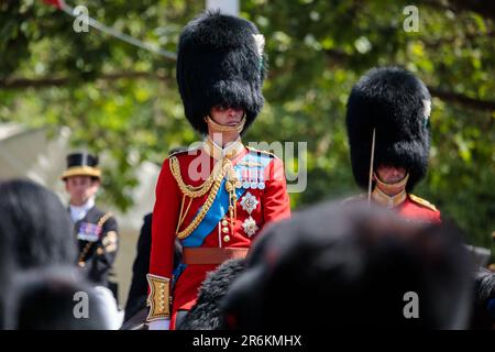 The Mall, London, Großbritannien. 10. Juni 2023 "Der Bericht des Oberst". Trooping the Colour überprüft vom Oberst des Regiments, Oberst der walisischen Garde, Prinz William Prince of Wales, die Colonels Review ist die zweite Probe für die Trooping the Colour Parade, die am 17. Juni 2023 stattfindet. Foto: Amanda Rose/Alamy Live News Stockfoto