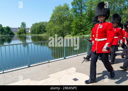 Westminster, London, Großbritannien. 10. Juni 2023. Trooping the Colour findet am 17. Juni statt und wird der erste unter König Karl III. Sein Die Überprüfung ist eine abschließende Bewertung der Militärparade vor der vollständigen Veranstaltung nächste Woche. Die Truppen gaben die Mall zur Überprüfung der Horse Guards Parade weiter, bevor sie zurückkehrten. Die Fußwächter kehren in die Baracke zurück James's Park und über die Brücke, für die sie traditionell eine Stufe brechen. Coldstream-Wachen Stockfoto