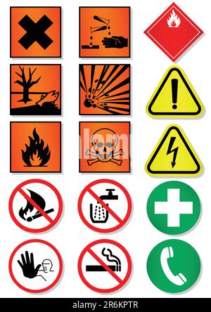 Vektorabbildungssatz verschiedener laborassoziierter internationaler Zeichen. Alle Vektorobjekte und -Details werden isoliert und gruppiert. Farben, sh... Stock Vektor