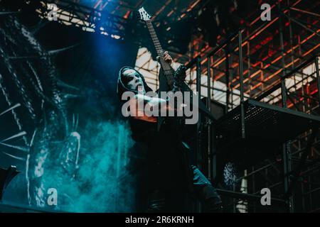 Breslau, Breslau, Polen. 8. Juni 2023. Das Metal Music Festival - Mystic Festival 2023 findet in Polen statt. Polen der Star des ersten Tages war die Behemoth-Gruppe. Die Band spielte trotz zahlreicher Proteste und Widerstände katholischer Organisationen. In PIC: Adam Nergal Darski (Kreditbild: © Krzysztof Zatycki/ZUMA Press Wire) NUR REDAKTIONELLE VERWENDUNG! Nicht für den kommerziellen GEBRAUCH! Stockfoto