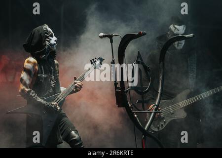 Breslau, Breslau, Polen. 8. Juni 2023. Das Metal Music Festival - Mystic Festival 2023 findet in Polen statt. Polen der Star des ersten Tages war die Behemoth-Gruppe. Die Band spielte trotz zahlreicher Proteste und Widerstände katholischer Organisationen. In PIC: Adam Nergal Darski (Kreditbild: © Krzysztof Zatycki/ZUMA Press Wire) NUR REDAKTIONELLE VERWENDUNG! Nicht für den kommerziellen GEBRAUCH! Stockfoto