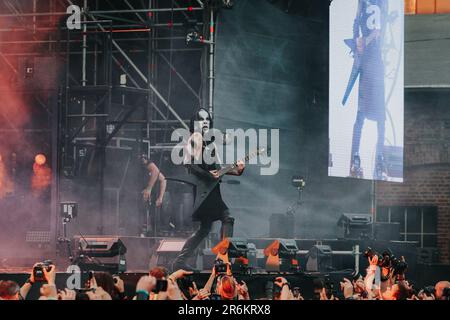 Breslau, Breslau, Polen. 8. Juni 2023. Das Metal Music Festival - Mystic Festival 2023 findet in Polen statt. Polen der Star des ersten Tages war die Behemoth-Gruppe. Die Band spielte trotz zahlreicher Proteste und Widerstände katholischer Organisationen. In PIC: Adam Nergal Darski (Kreditbild: © Krzysztof Zatycki/ZUMA Press Wire) NUR REDAKTIONELLE VERWENDUNG! Nicht für den kommerziellen GEBRAUCH! Stockfoto