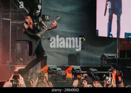 Breslau, Breslau, Polen. 8. Juni 2023. Das Metal Music Festival - Mystic Festival 2023 findet in Polen statt. Polen der Star des ersten Tages war die Behemoth-Gruppe. Die Band spielte trotz zahlreicher Proteste und Widerstände katholischer Organisationen. In PIC: Adam Nergal Darski (Kreditbild: © Krzysztof Zatycki/ZUMA Press Wire) NUR REDAKTIONELLE VERWENDUNG! Nicht für den kommerziellen GEBRAUCH! Stockfoto