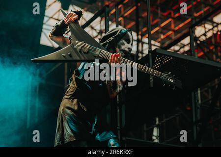 Breslau, Breslau, Polen. 8. Juni 2023. Das Metal Music Festival - Mystic Festival 2023 findet in Polen statt. Polen der Star des ersten Tages war die Behemoth-Gruppe. Die Band spielte trotz zahlreicher Proteste und Widerstände katholischer Organisationen. In PIC: Adam Nergal Darski (Kreditbild: © Krzysztof Zatycki/ZUMA Press Wire) NUR REDAKTIONELLE VERWENDUNG! Nicht für den kommerziellen GEBRAUCH! Stockfoto