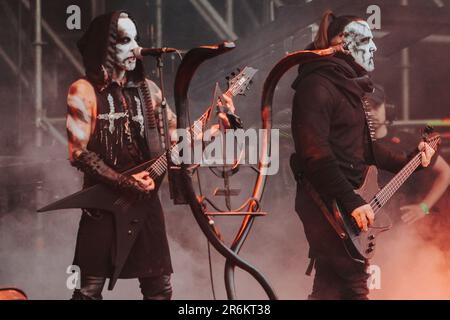 Breslau, Breslau, Polen. 8. Juni 2023. Das Metal Music Festival - Mystic Festival 2023 findet in Polen statt. Polen der Star des ersten Tages war die Behemoth-Gruppe. Die Band spielte trotz zahlreicher Proteste und Widerstände katholischer Organisationen. In PIC: Adam Nergal Darski (Kreditbild: © Krzysztof Zatycki/ZUMA Press Wire) NUR REDAKTIONELLE VERWENDUNG! Nicht für den kommerziellen GEBRAUCH! Stockfoto