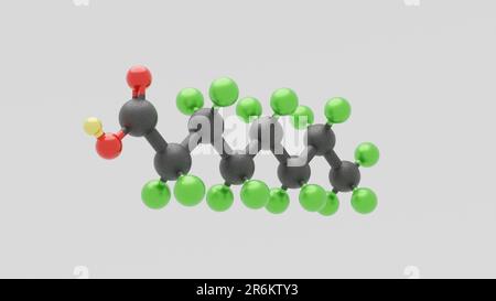 Perfluoroctansäure PFOA - C8HF15O2 - 3D Conformer, weißer Hintergrund Stockfoto