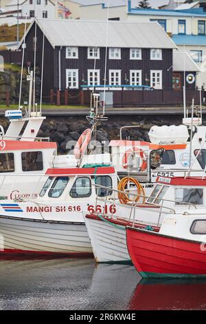 Fischerboote im Hafen von Stykkisholmur mit historischen traditionellen Gebäuden auf der Halbinsel Snaefellsnes, Westküste Islands Stockfoto