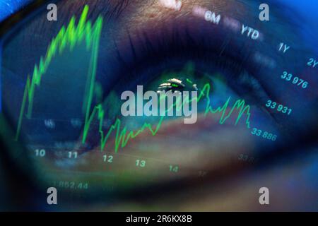 Warschau, Polen. 10. Juni 2023. Dow-Jones-Indexgrafiken werden in der Brille eines Mannes in diesem Abbildungsfoto am 10. Juni 2023 in Warschau, Polen, dargestellt. Das globale Wachstum hat sich stark verlangsamt, und das Risiko finanzieller Belastungen in den Schwellenländern und Entwicklungsländern (EMDEs) steigt inmitten der weltweit erhöhten Zinssätze, so der jüngste Bericht der Weltbank über die globalen Wirtschaftsaussichten. Das globale Wachstum wird sich den Projektionen zufolge von 3,1 % im Jahr 2022 auf 2,1 % im Jahr 2023 verlangsamen. (Foto: Jaap Arriens/Sipa USA) Guthaben: SIPA USA/Alamy Live News Stockfoto