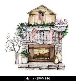Kamin mit Weihnachtsdekor. Socken für Süßigkeiten. Handgezeichnete Aquarell-Illustration. Winterurlaub. Stockfoto