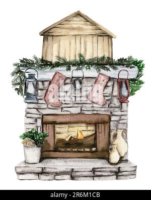 Kamin mit Weihnachtsdekor. Socken für Süßigkeiten. Handgezeichnete Aquarell-Illustration. Winterurlaub. Stockfoto